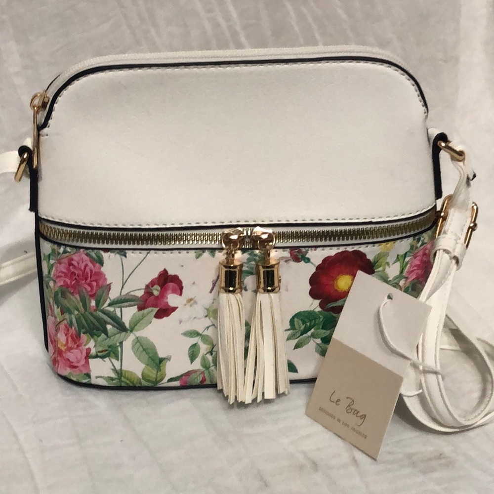 White Floral Crossbody Bag with Tassel NWT
